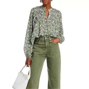 Veronica Beard Green Floral Long-Sleeve Blouse